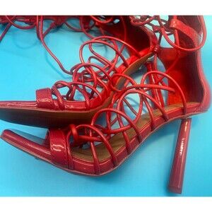 Women’s Red Knee-High Lace Up Stiletto Sandal Strappy Open Toe Party Heels -Sz 7